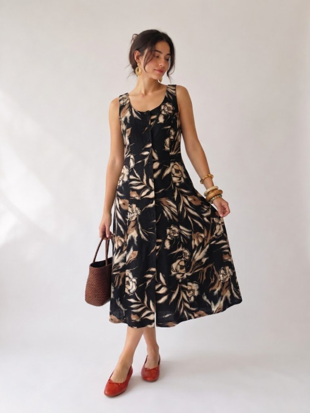 Vintage Coldwater Creek Linen Blend Floral Maxi Dress Black Brown 6P